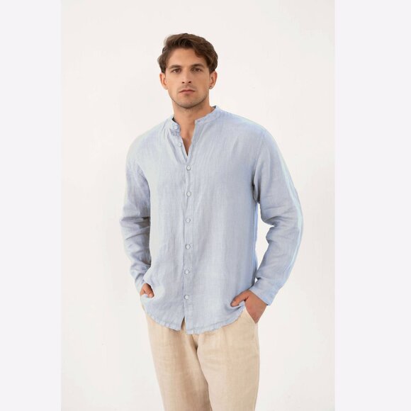 Club Room Luxury 100% Linen Long Sleeve Shirt banded grandad collar Large - Picture 1 of 11